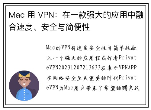 Mac 用 VPN：在一款强大的应用中融合速度、安全与简便性